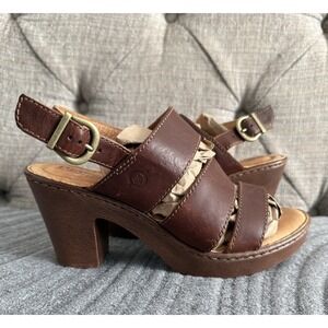 Born Warner Women's Brown Leather Strappy Sandals Size 8 Heels Chunky Cushioned